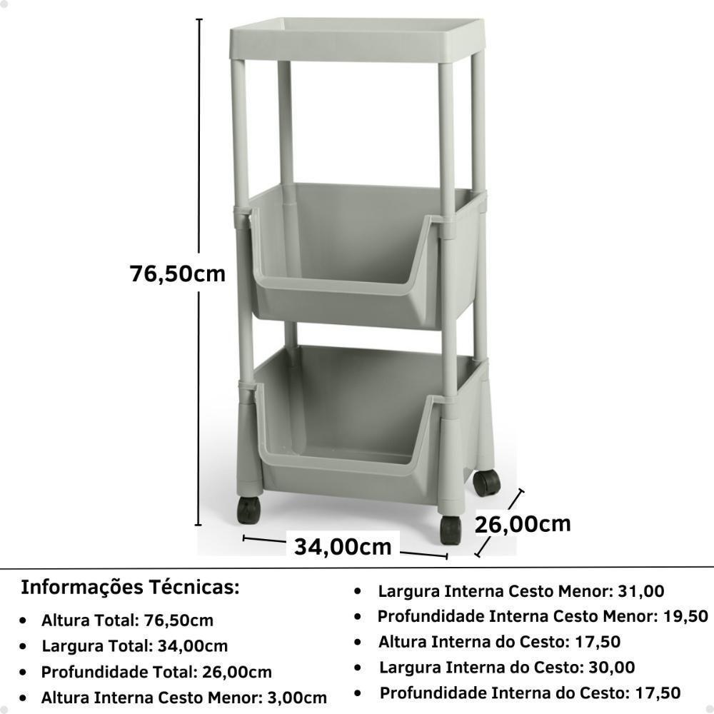 Kit 2 Carrinho Multiuso Prático 3 Prateleiras Em Plástico Com Rodízio - Cinza - 2