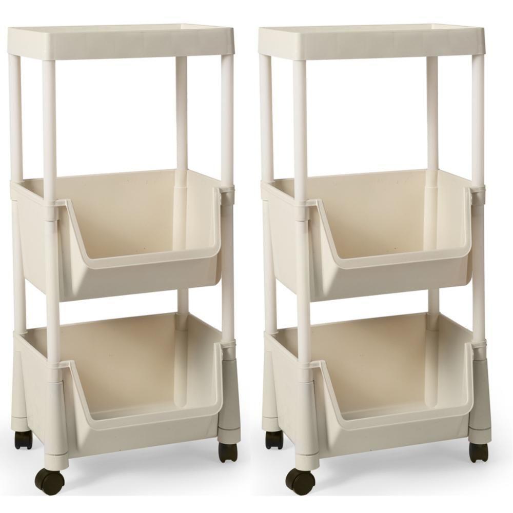 Kit 2 Carrinho Multiuso Prático 3 Prateleiras Em Plástico Com Rodízio - Creme - 1