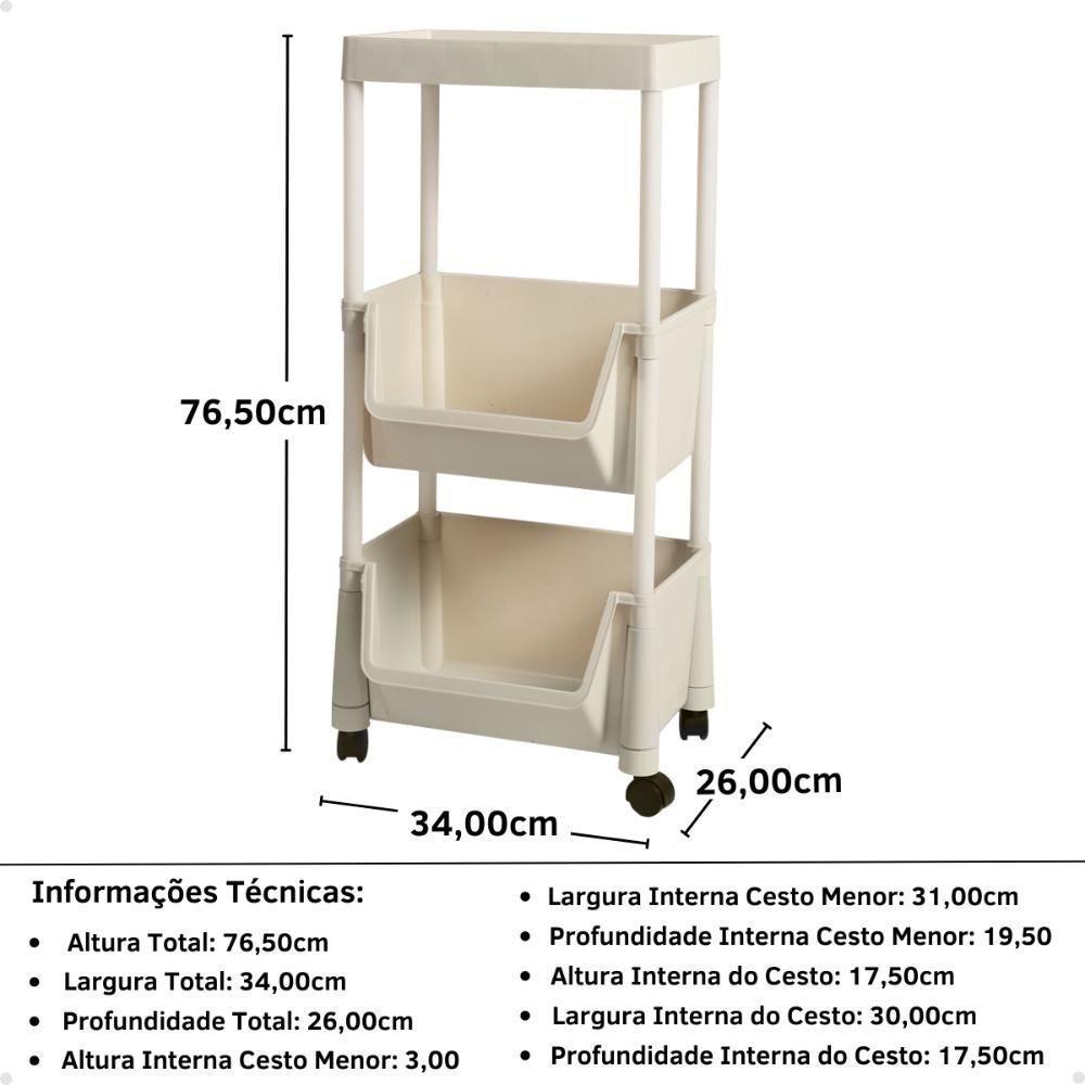 Kit 2 Carrinho Multiuso Prático 3 Prateleiras Em Plástico Com Rodízio - Creme - 2