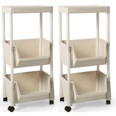 Kit 2 Carrinho Multiuso Prático 3 Prateleiras Em Plástico Com Rodízio - Creme