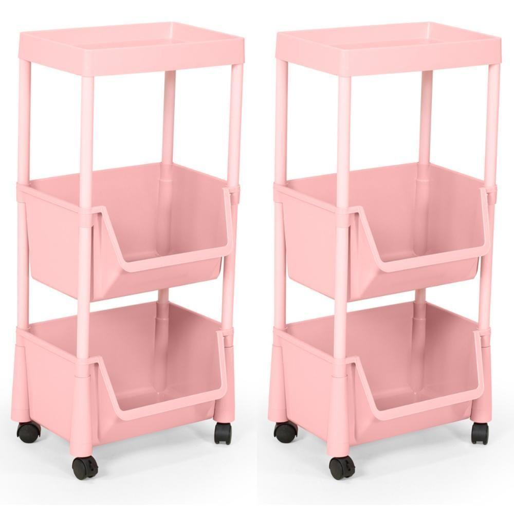 Kit 2 Carrinho Multiuso Prático 3 Prateleiras Em Plástico Com Rodízio - Rosa - 1