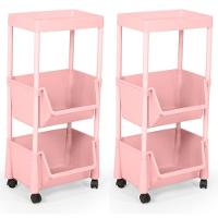 Kit 2 Carrinho Multiuso Prático 3 Prateleiras Em Plástico Com Rodízio - Rosa - 1