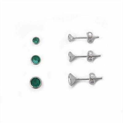 Kit Trio De Brincos Ponto De Luz Prata 925 Verde Claro