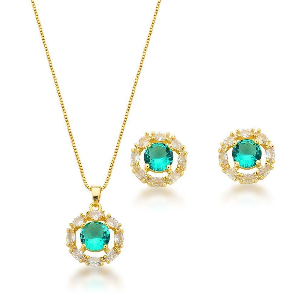 Conjunto Colar e Brincos Com Zirconia Verde Clara Banhada A Ouro 18k 45cm - 1