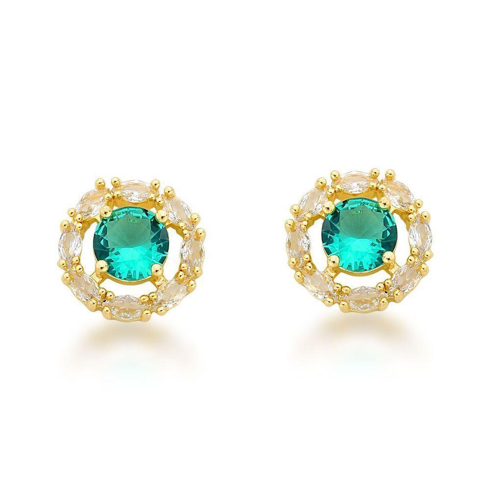Conjunto Colar e Brincos Com Zirconia Verde Clara Banhada A Ouro 18k 45cm - 4