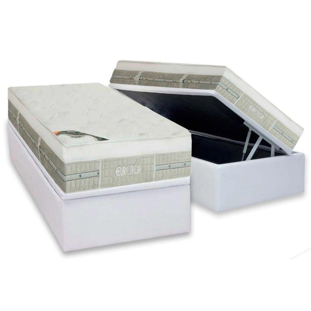 Cama Box Baú Solteiro: Colchão Molas Castor Pocket Eurotop Summer &amp; Winter + Base CTC Courano White(88x188) - 1