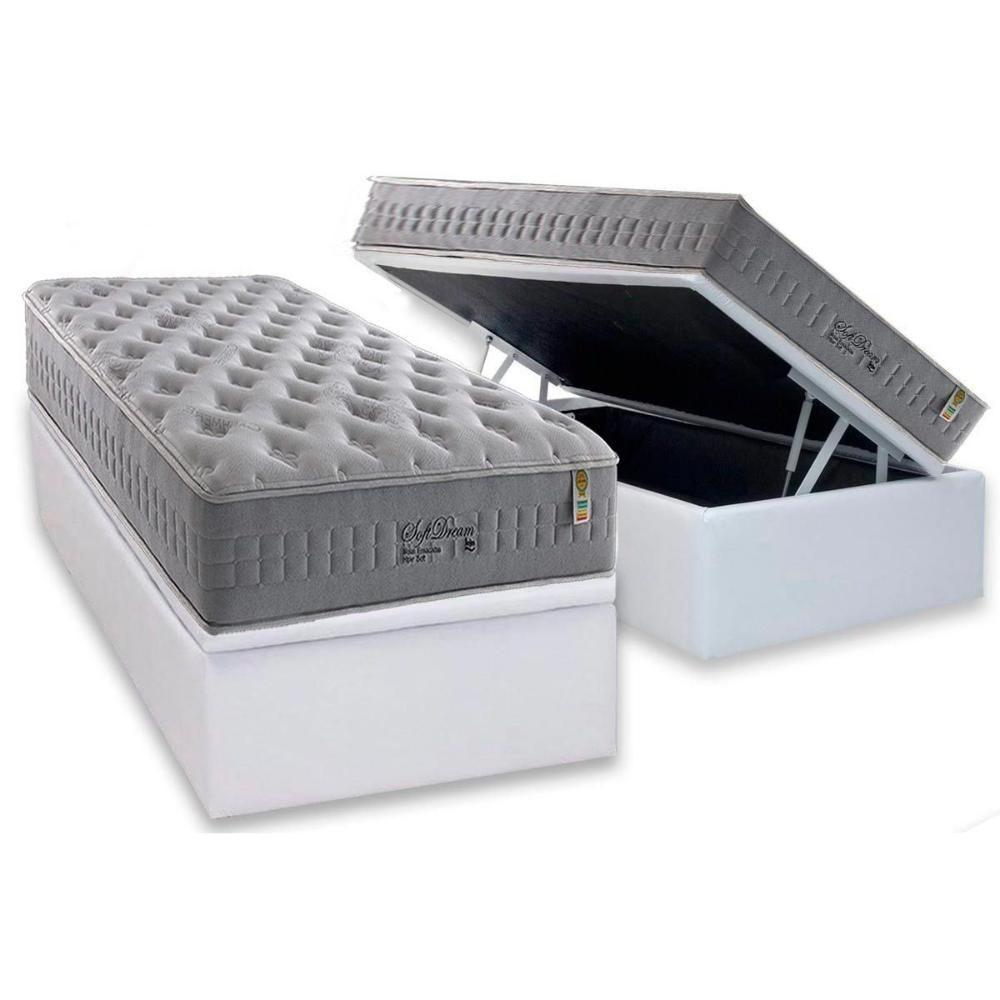 Cama Box Baú Solteiro: Colchão Molas MasterPocket Ensacadas Anjos   Soft Dream + Base CRC Courano Branco(88x188) - 1