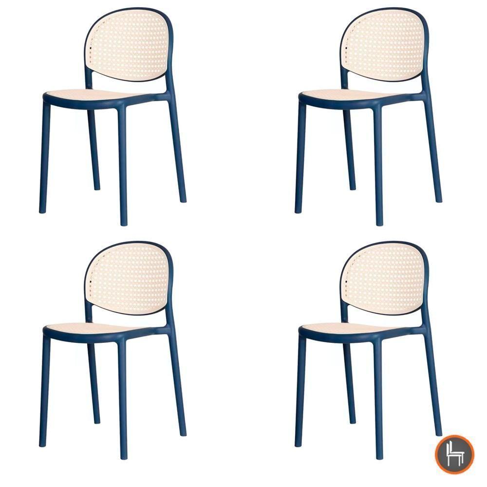 Kit 4 Cadeiras Empilhável Positano Fratini Polipropileno Cor Azul E Assento Simulando Palha Natural - 1
