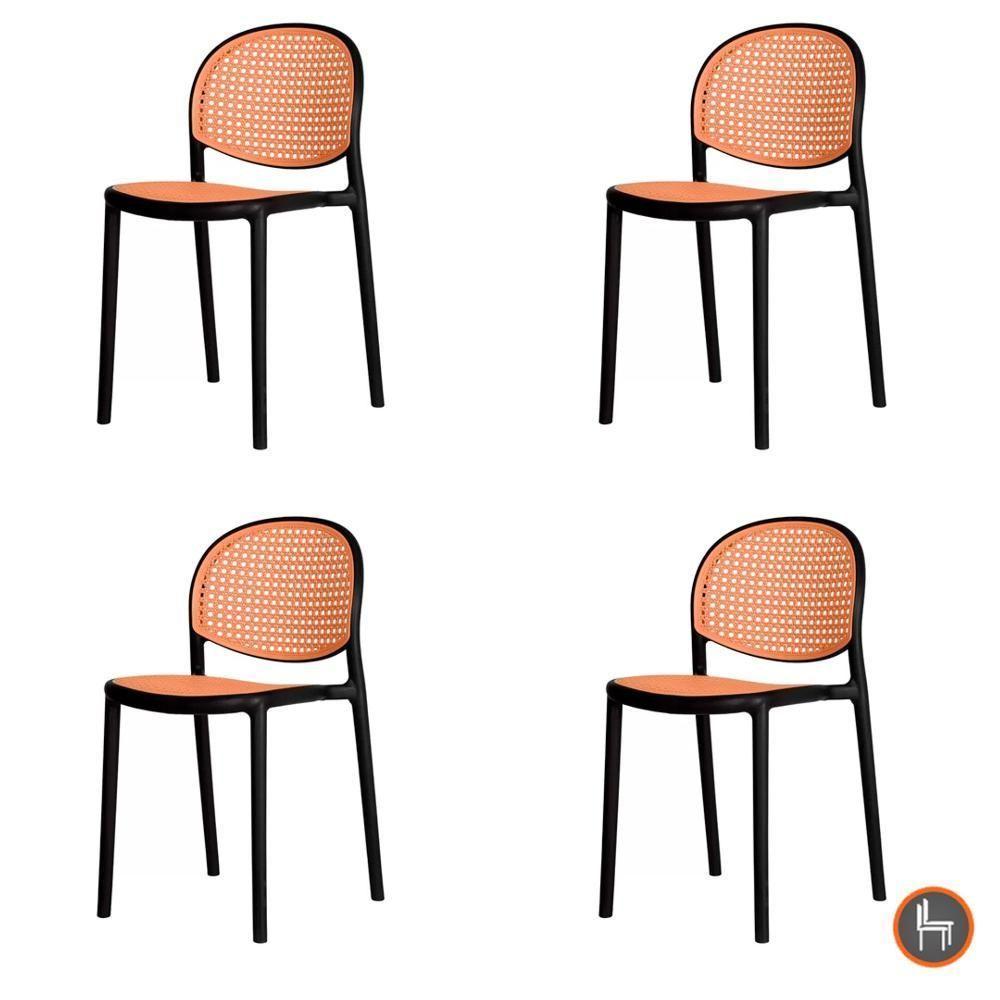 Kit 4 Cadeiras Empilhável Positano Fratini Polipropileno Cor Preta E Assento Simulando Palha Rattan - 1