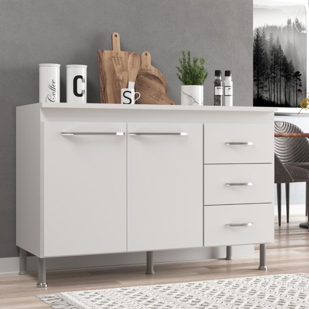 Balcão Modulado Para Cozinha Com Tampo Fidelitá Viena 120cm 2 Portas 3 Gavetas Branco - 1