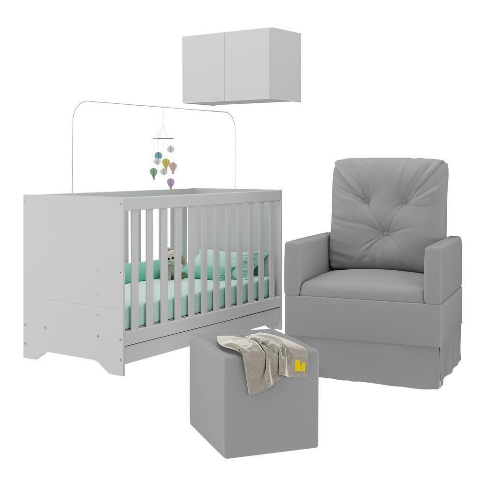 Berço 3 Em 1 Com Colchão Poltrona Puff E Armário Aéreo 2 Portas Multimóveis Mp4166 Branco/cinza Branco/cinza - 1