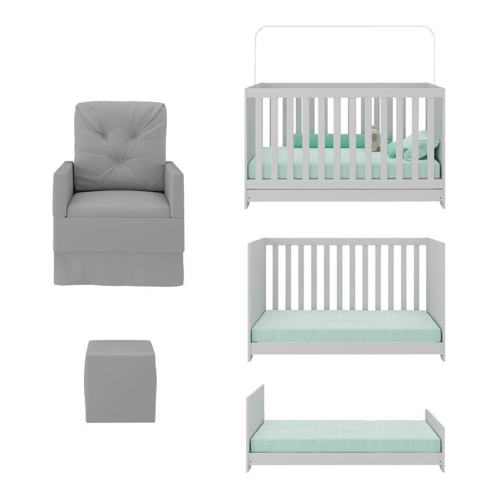 Berço 3 Em 1 Com Colchão Poltrona Puff E Armário Aéreo 2 Portas Multimóveis Mp4166 Branco/cinza Branco/cinza - 5