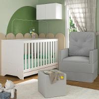 Berço 3 Em 1 Com Colchão Poltrona Puff E Armário Aéreo 2 Portas Multimóveis Mp4166 Branco/cinza Branco/cinza