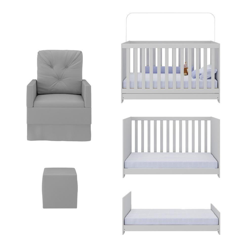 Berço 3 Em 1 Com Colchão Poltrona Amamentação E Puff Multimóveis Mp4160 Branco/cinza Branco/cinza - 5