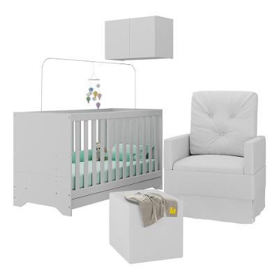 Berço 3 em 1 Multifuncional Mp4166 em MDP com Colchão e Armário Aéreo 2 Portas Branco