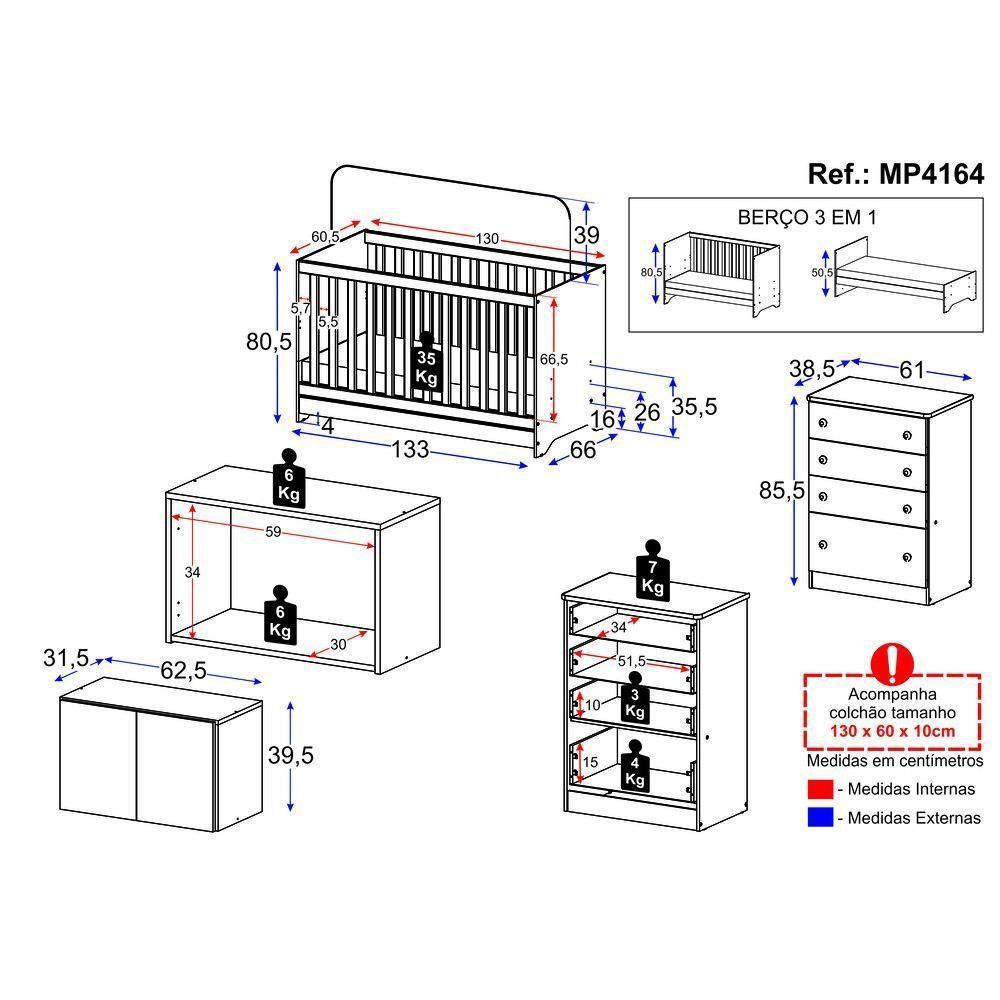 Berço 3 Em 1 Com Colchão Armário Aéreo E Cômoda Multimóveis Mp4164 Branco Branco - 4