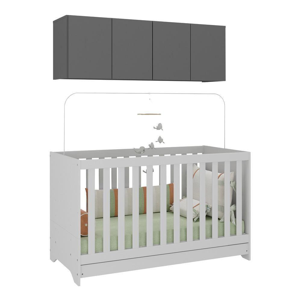 Berço 3 Em 1 Com Colchão E Armário Aéreo 4 Portas Multimóveis Mp4158 Branco/grafite Branco/grafite - 1