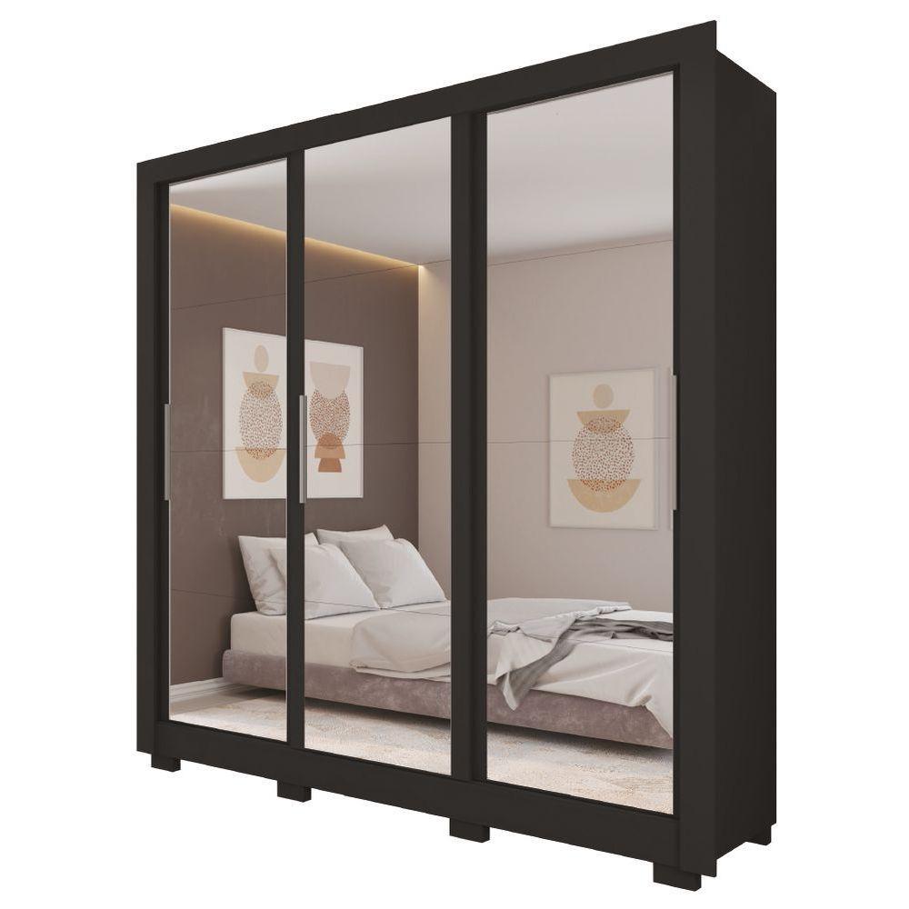 Guarda Roupas Casal 3 Portas De Correr Com Espelho 4 Gavetas Giovanna Preto Caemmum Preto - 1