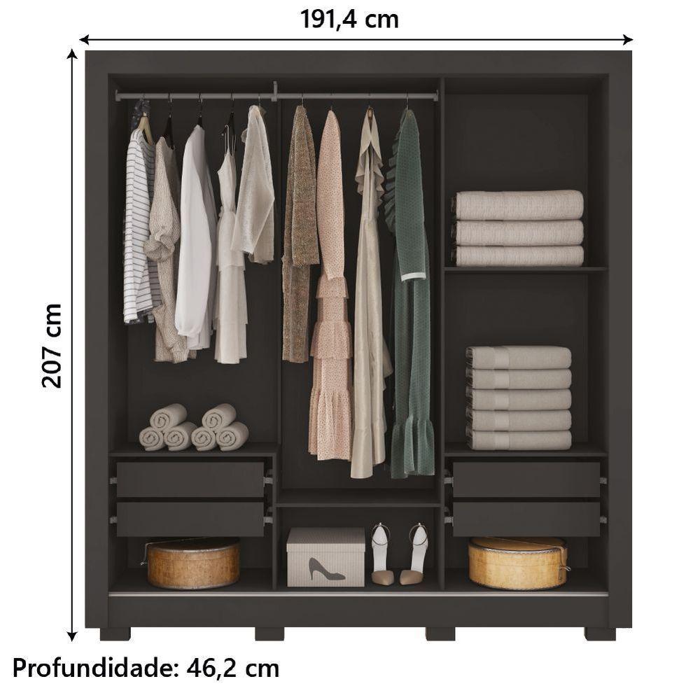 Guarda Roupas Casal 3 Portas De Correr Com Espelho 4 Gavetas Giovanna Preto Caemmum Preto - 2