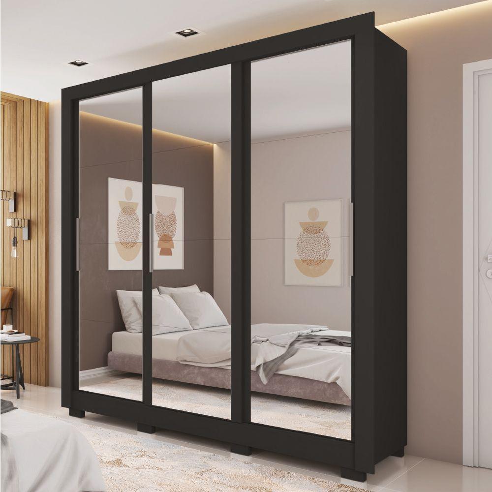 Guarda Roupas Casal 3 Portas De Correr Com Espelho 4 Gavetas Giovanna Preto Caemmum Preto - 3