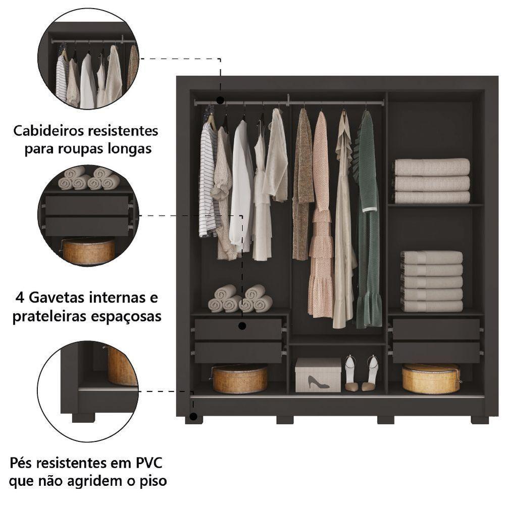 Guarda Roupas Casal 3 Portas De Correr Com Espelho 4 Gavetas Giovanna Preto Caemmum Preto - 4