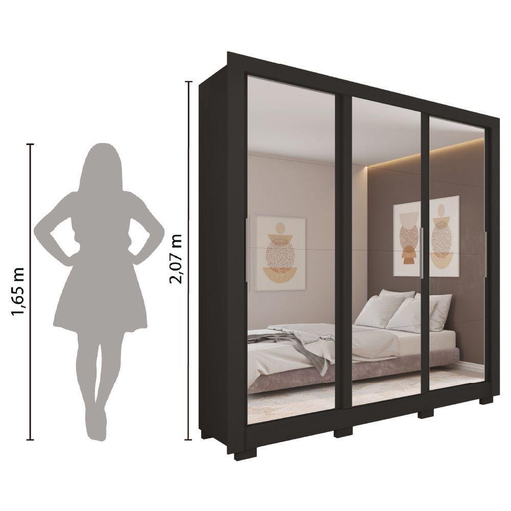 Guarda Roupas Casal 3 Portas De Correr Com Espelho 4 Gavetas Giovanna Preto Caemmum Preto - 5