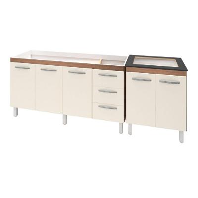 Armário Cozinha Gabinete Pia De 160 Cm Emily Com Balcão Cooktop 4 Bocas Savana Frente Off-white Jade