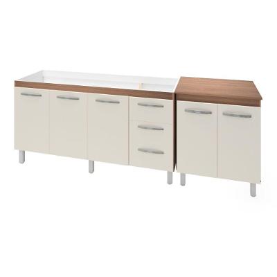 Armário Cozinha Gabinete Pia De 160 Cm Emily Com Balcão Multiuso Micro-ondas Savana Frente Off-white Serena