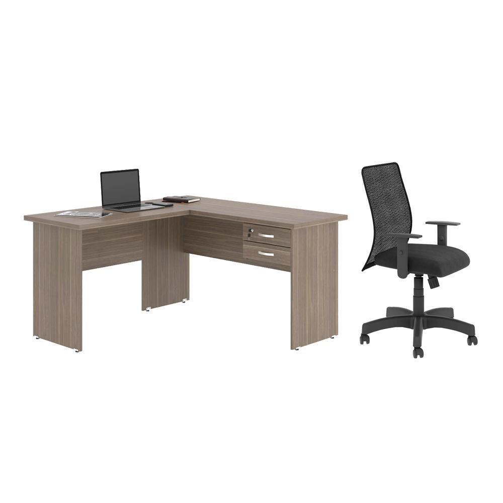 Jogo Mesa L Com Gaveteiro E Cadeira Giratória Affara Preto - 1