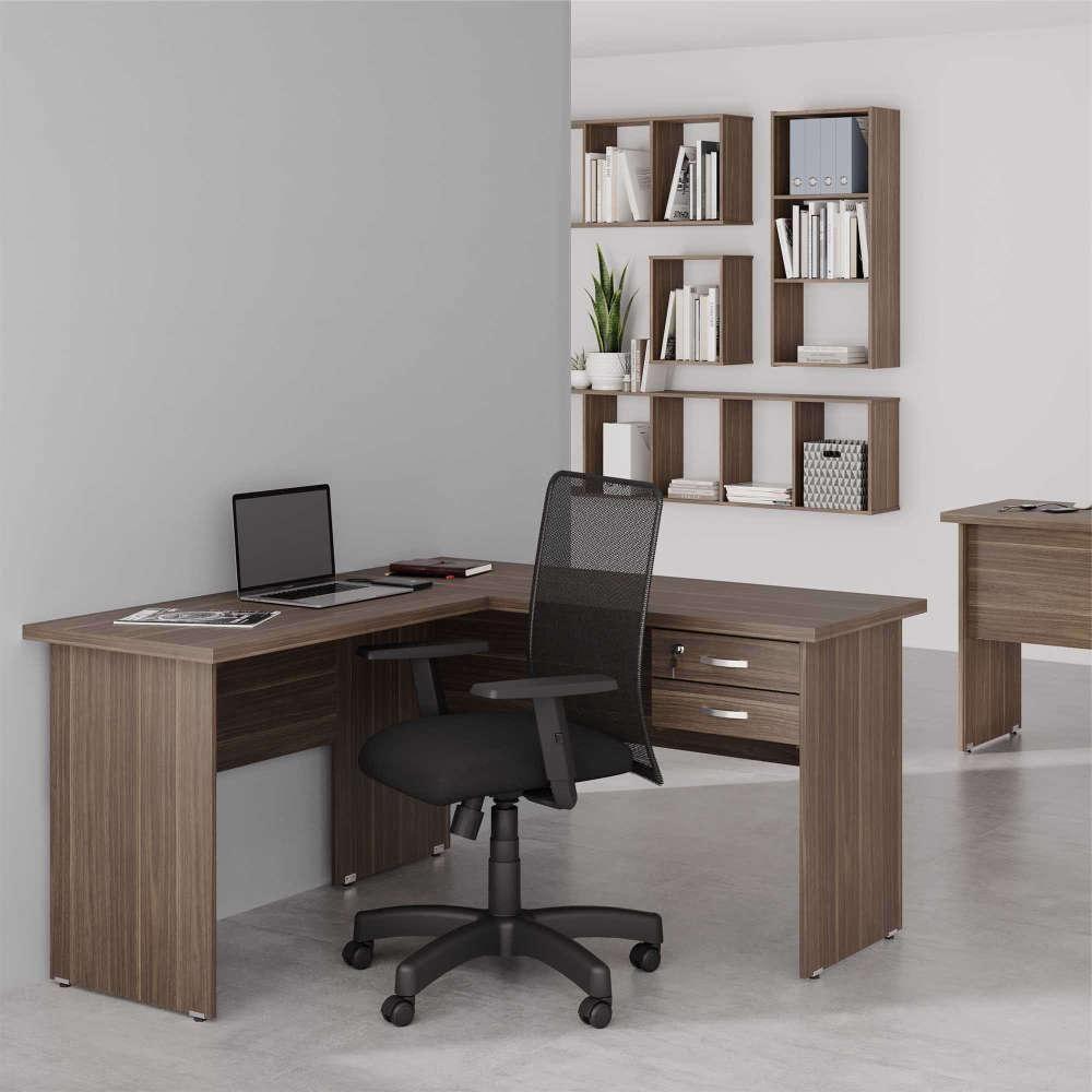 Jogo Mesa L Com Gaveteiro E Cadeira Giratória Affara Preto - 4