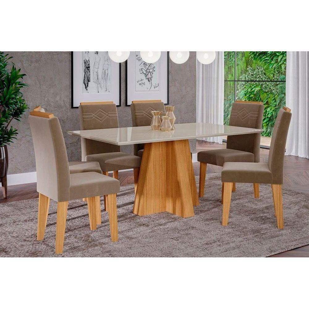 Conjunto: Mesa Sala Jantar Patricia Tampo Madeirado 160cm Canto Reto + 6 Cadeiras Taís c/ Moldura Nature/OW/Joli - Cimol - 1