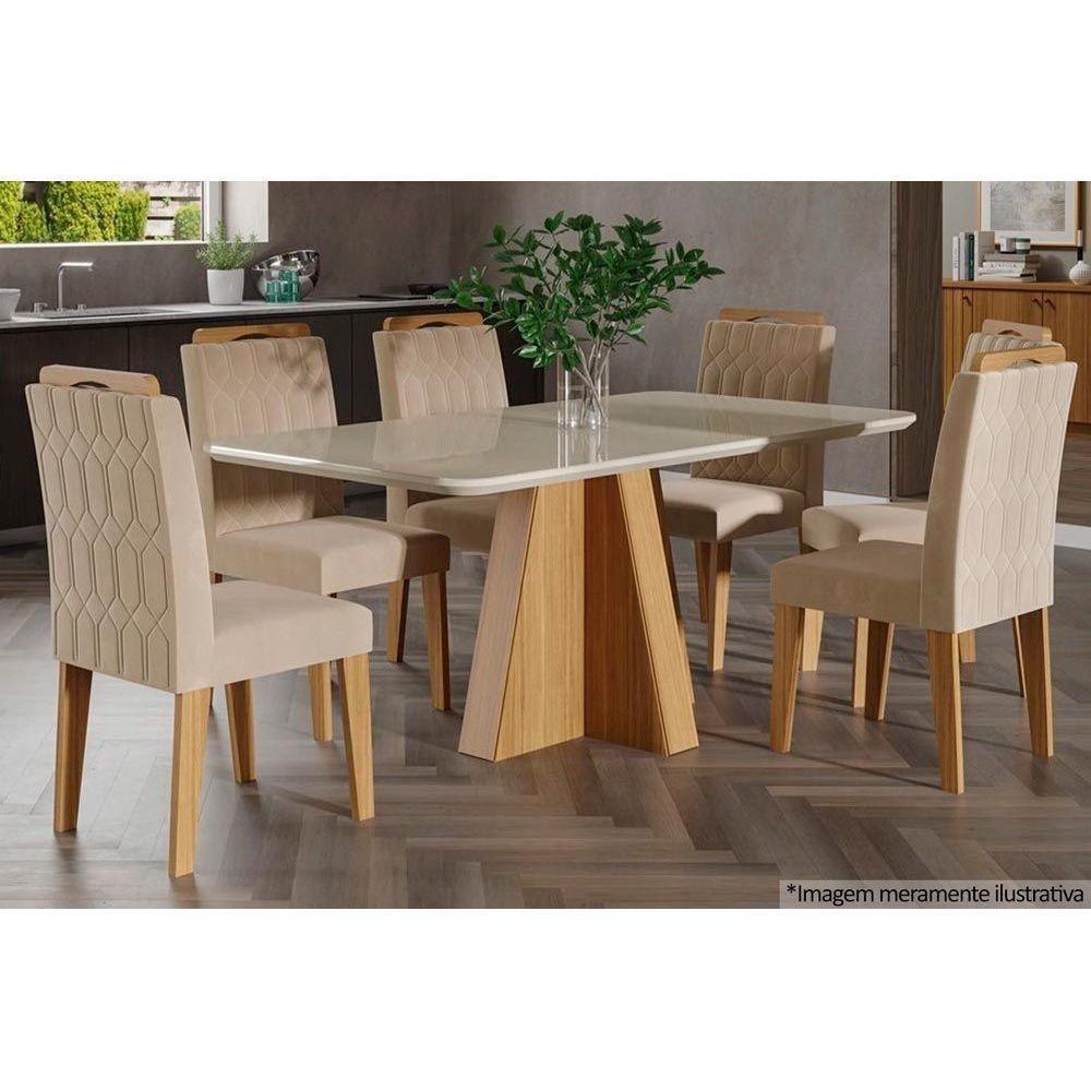 Conjunto: Mesa Sala Jantar Maitê c/ Tampo Madeirado c/ Vidro 160cm + 6 Cadeiras Paola Nature/OW/Nude - Cimol - 1