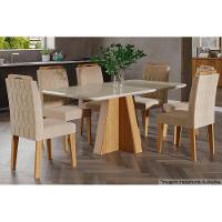Conjunto: Mesa Sala Jantar Maitê c/ Tampo Madeirado c/ Vidro 160cm + 6 Cadeiras Paola Nature/OW/Nude - Cimol - 1