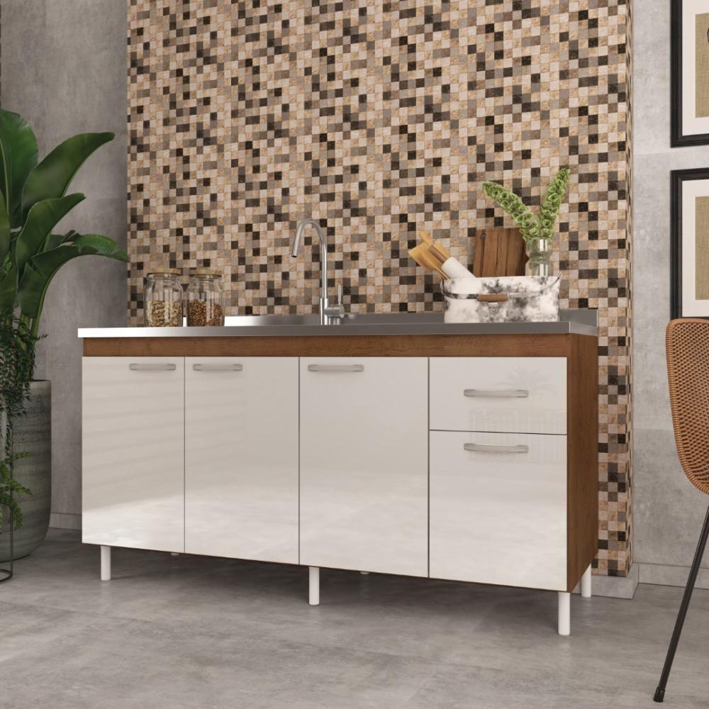 Balcão De Cozinha Para Pia De 160cm Sem Tampo Suiça Fidelitá 4 Portas 1 Gaveta Noce/off-white - 1