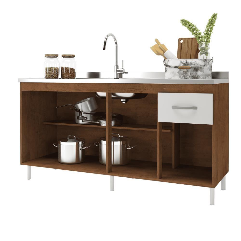 Balcão De Cozinha Para Pia De 160cm Sem Tampo Suiça Fidelitá 4 Portas 1 Gaveta Noce/off-white - 2