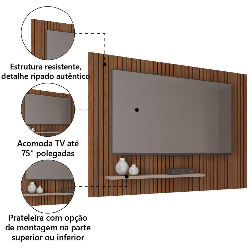 Painel para TV até 75 Polegadas 1,80m Ripado com Prateleira França Fendi-Havana Caemmum - 3