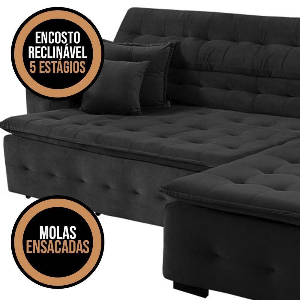 Sofá Retrátil E Reclinável Com Chaise Orlando 2.20x1.50m - Sofisticato-preto - 9