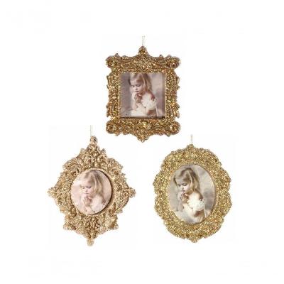 Kit Porta Retrato Gliter Dourado Para árvore Natal 10cm 3 Pç