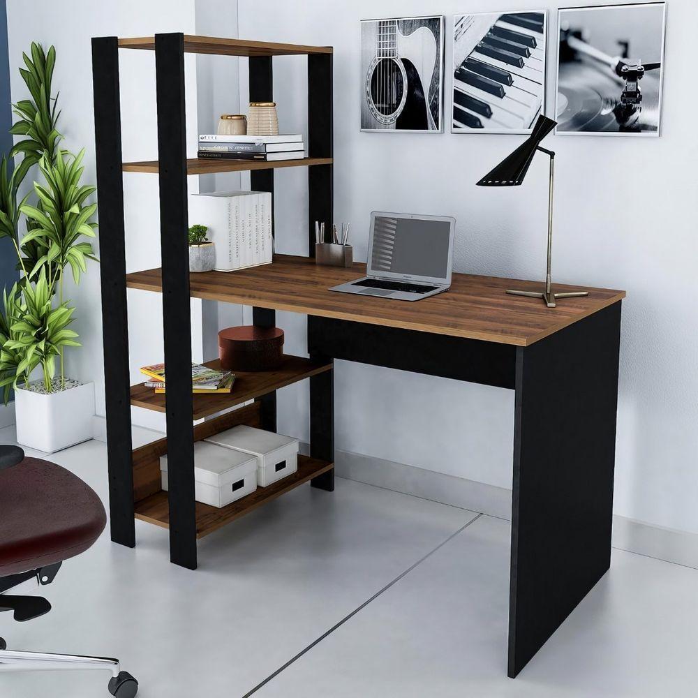 Mesa Escrivaninha Office Com Estante 3 Prateleiras Match Pinho / Preto - 2