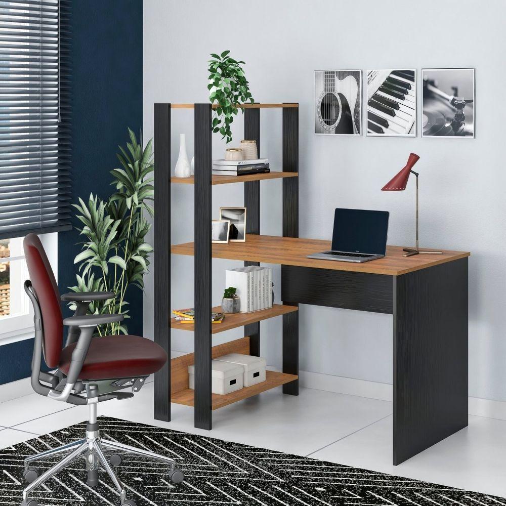 Mesa Escrivaninha Office Com Estante 3 Prateleiras Match Pinho / Preto - 4