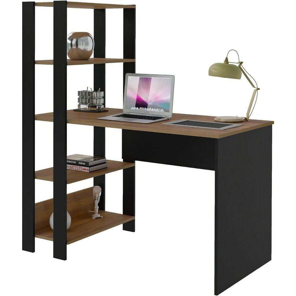 Mesa Escrivaninha Office Com Estante 3 Prateleiras Match Pinho / Preto - 7
