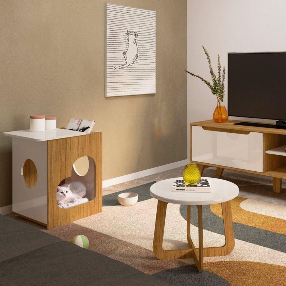 Mesa De Apoio Lateral Tampo Com Nicho E Espaço Pet Artely Carvalho | Off White - 2