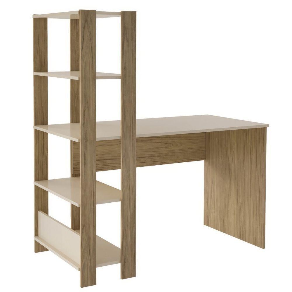Mesa Escrivaninha Office Com Estante 3 Prateleiras Match Carvalho | Off White - 1