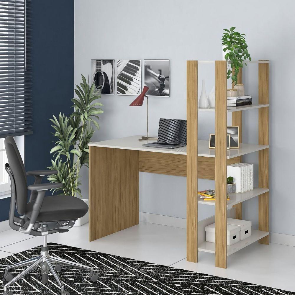 Mesa Escrivaninha Office Com Estante 3 Prateleiras Match Carvalho | Off White - 2