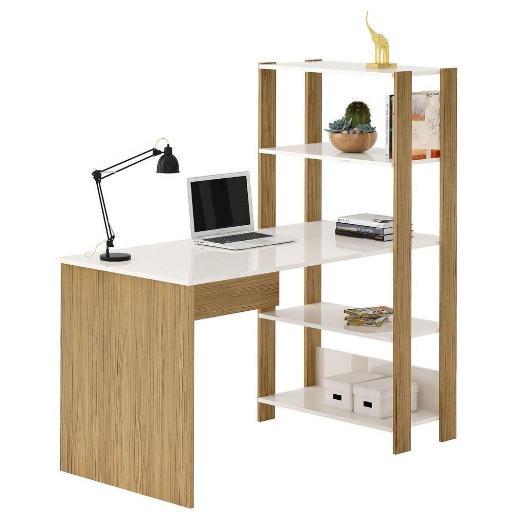 Mesa Escrivaninha Office Com Estante 3 Prateleiras Match Carvalho | Off White - 3
