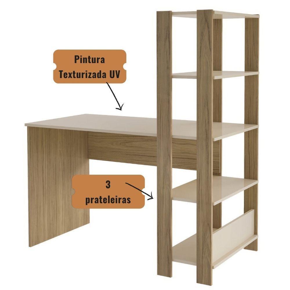 Mesa Escrivaninha Office Com Estante 3 Prateleiras Match Carvalho | Off White - 4