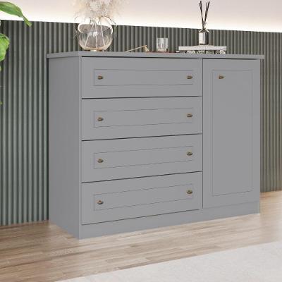 Cômoda Americana 4 Gavetas 1 Porta em MDF com Puxador Plástico Cinza