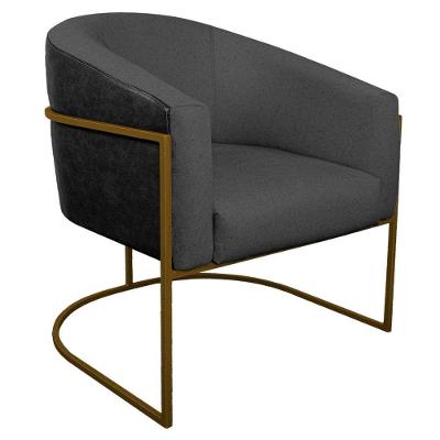Poltrona Base De Ferro Dourado Preto E Linho Cinza Escuro