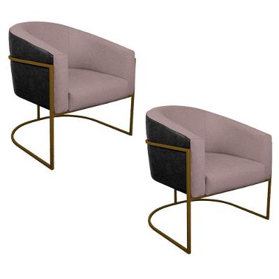 Kit 02 Poltronas Base De Ferro Dourado Preto E Linho Rosê