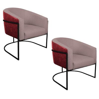Kit 02 Poltronas Base De Ferro Preto Vermelho E Linho Rosê
